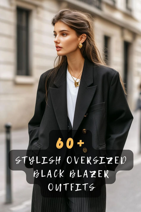 Get Inspired By 60 Edgy Oversized Black Blazer Street Style Outfits That Make An Impact! 🖤✨ From Bold Accessories To Unique Footwear, These Looks Are All About Making A Statement. Want To Explore More Street Style Inspirations? Click For More Ideas! 🌈❤️  #StreetStyle #OversizedBlazer #FashionInspo #EdgyLooks #ChicStyle #StyleGuide #Trendsetter Black Oversized Blazer Outfits For Women, Baggy Blazer Outfits For Women, How To Style An Oversized Blazer, Over Size Blazer Outfits, Oversized Blazer Outfit Winter, Black Blazer And Jeans Outfit Women, Oversized Blazer Outfit Work, Black Blazer Street Style, Oversized Black Blazer Outfit