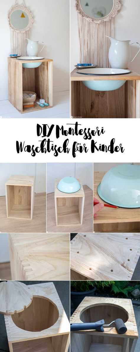 Anleitung Waschtisch für Kinder bauen, Montessori Idee - Selbstständigkeit im Bad - einfacher kleiner Waschtisch für Kinder - Möbel selberbauen - DIY Idee für Kleinkinder #montessori #diyidee #waschtisch Baby Room Boy, Diy Esstisch, Diy Montessori, Montessori Diy, Kitchen Ikea, Montessori Room, Montessori Furniture, Montessori Ideas, Wash Stand