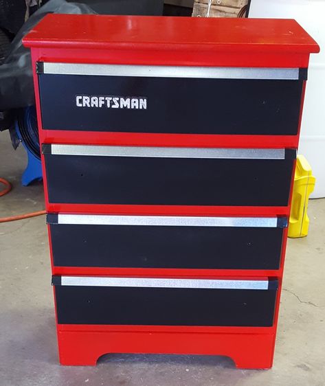 Turned a 5 dollar goodwill find into a tool box for a boys room redo Toolbox Dresser, Tool Box Dresser, Refurbished Items, Dollar Tree Easter Crafts, Man Cave Furniture, Dresser Redo, Craftsman Tools, 5 Dollar, Kids Dressers