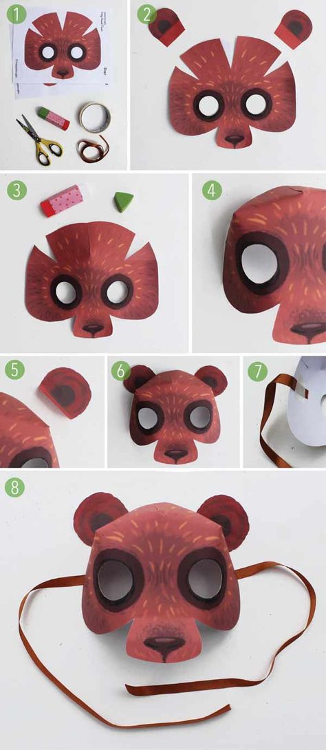 Easy homemade bear costume. Be a bear today • Happythought Bear Mask Template, Make A Bear, Costume Simple, Printable Animal Masks, Animal Masks For Kids, Masks Kids, The Mask Costume, Deer Costume, Bear Mask