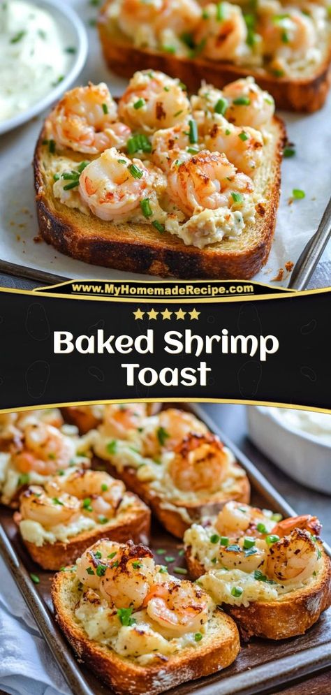 This Baked Shrimp Toast is crunchy, savory, and topped with a creamy shrimp mixture. A perfect appetizer or snack! Ingredients: 1 baguette, sliced 1/2 cup cooked shrimp, chopped 1/4 cup mayonnaise 1/4 cup shredded cheese A crispy, cheesy toast that’s loaded with shrimp flavor Shrimp On Toast Appetizer, Shrimp And Cheese Recipes, Air Fryer Shrimp Toast, Shrimp Baguette Appetizers, Shrimp Crustini Appetizers, Easy Fish Appetizers, Shrimp Horderves Appetizers, Shrimp Flatbread Recipes, Appetizer Recipes Shrimp