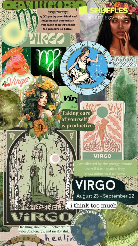 Green Virgo Shuffle. #virgo #virgoaesthetic #virgomoodboard #virgovibes #healing  #crystals #healing #green #greenaesthetic  #greenboard #222 #growth Virgo + Core + Aesthetic, Virgo And Aries, Virgo Personality, Lucky Wallpaper, Aries And Gemini, Phone Photo Editing, Magazine Collage, Vibes Art, Mountain Tattoo