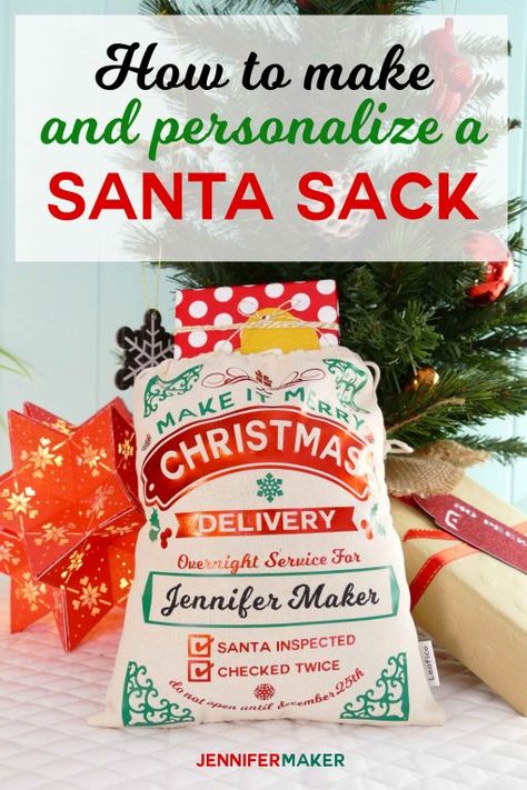 DIY Santa Sack Tutorial with Personalized Name | Cut on a Cricut | Free SVG Files | Iron-On Vinyl | HTV | How to Make a Santa Sack Diy Santa Sack, Santa Sacks Diy, Cricut Free Svg Files, Diy Vinyl Projects, Jennifer Maker, Gangsta Wrapper, Cricut Christmas Ideas, Santa Sacks, Personalised Santa Sacks