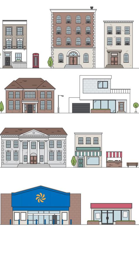 This @medialoot vector pack includes a collection of residential and commercial building exteriors. Including apartment buildings, traditional and modern houses, a town hall, high street shop front, market stall, superstore and more. All items are completely vector including editable stroke widths. Apartment Building Exterior, Residential And Commercial Building, Multi Storey Building, Scene Illustration, Animation Types, Town Building, Building Painting, Building Front, Apartment Buildings