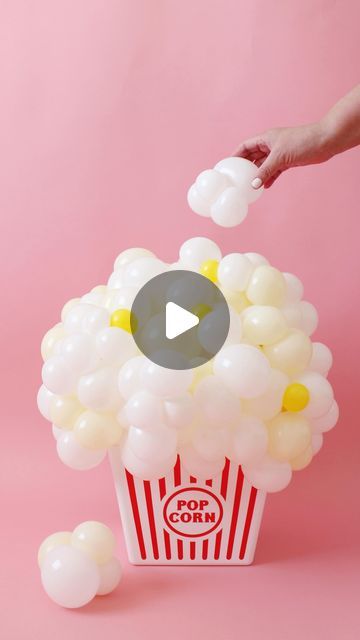 Movie Night Party Decorations Diy, Movie Night Balloon Arch, Movie Party Decorations Diy, Popcorn Balloons Decoration, Popcorn Decorations Diy, Popcorn Trunk Or Treat, Popcorn Centerpiece Ideas, Kids Movie Night Birthday Party, Balloons Over Broadway Balloon Ideas