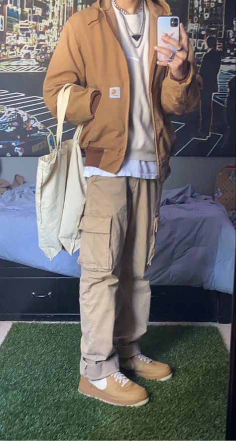 Ig- Dantecen #fashion #mensfashion #boy #fits #outfits #skater #indie #streetwear #vintage #workwear #carhartt Carhart jacket cream nike crewneck tan af1 tote bag workwear Tan Jacket Outfit Mens, Tan Jacket Outfit, Carhartt Outfits, Boys Aesthetic Outfits, Brown Pants Men, Brown Pants Outfit, Tan Outfit, Indie Streetwear, Old School Fashion