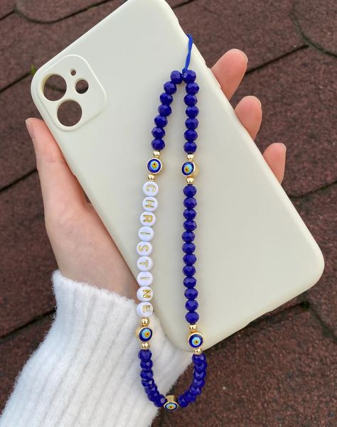 Evil Eye Phone Charmpersonalized Phone Charm Blue Phone | Etsy Blue Phone Charm, Evil Eye Phone Charm, Phone Case Diy Paint, Charm Phone, Jewerly Beads, Beaded Necklace Diy, Handmade Jewelry Tutorials, Phone Chain, Phone Strap