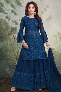 Blue Sharara, Long Choli Lehenga, Khadi Kurta, Eid Fashion, Sharara Designs, Crazy Dresses, Salwar Neck Designs, Kurti Style, Shadi Dresses