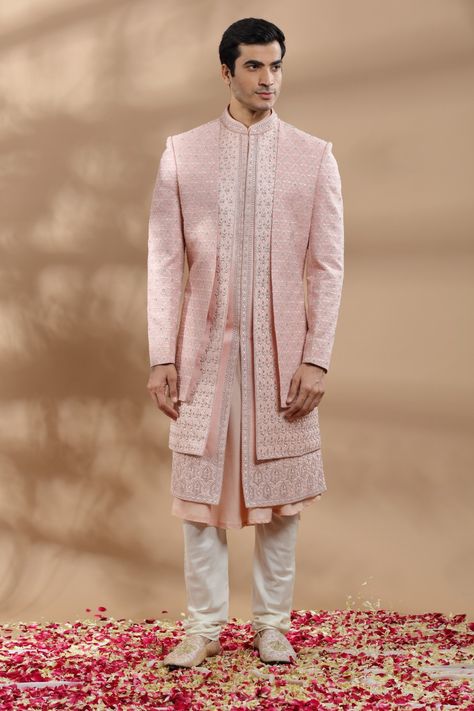 Pink Sherwani, Pants Embroidery, Wedding Clothes For Men, Embroidered Sherwani, Indian Wedding Clothes, Sherwani Groom, Family Clothes, Marriage Dress, Suit Tuxedo