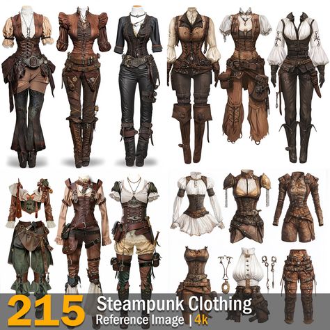 Steampunk Clothing | Reference Images | 4K,  on ArtStation at https://www.artstation.com/artwork/5WeLg1 Steampunk Street Style, Steampunk Woman Costume, Artificer Outfit Dnd, Steampunk Fashion Modern, Steampunk Goth Aesthetic, Steampunk Inspo Outfit, Steampunk Fashion Illustration, Steampunk Outfits Casual, Steampunk Clothing Drawing