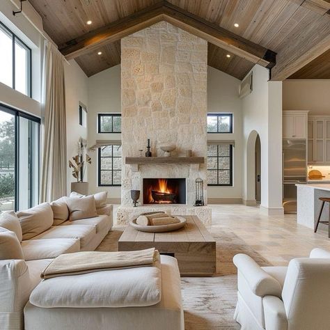 Sliding Doors In Living Room Ideas, Country Style Interior Living Room, Great Room Stone Fireplace, Mediterranean Great Room, Second Floor Overlooking Living Room, Stone Fireplace High Ceiling, Fireplace Ideas For Tall Ceilings, 2 Story Living Room Fireplace, Fireplace Tall Ceilings Living Room