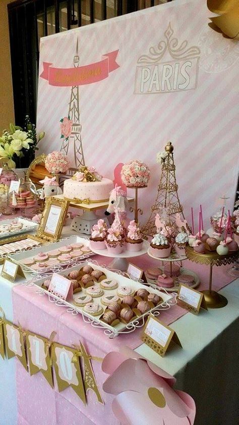 Pink And Gold Paris Theme Party, Paris Birthday Party Ideas, Pink Paris Party, Paris Desserts, Paris Party Decorations, Chanel Baby Shower, Paris Sweet 16, Paris Birthday Theme, Paris Themed Birthday Party