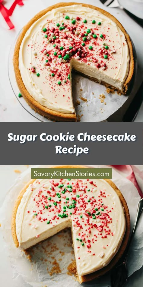 Searching for a show-stopping Christmas dessert to wow your guests? This Sugar Cookie Cheesecake Recipe delivers a deliciously festive flavor that’s sure to be a hit at any holiday gathering. Save this recipe for your next baking session and treat your loved ones to a dessert they won't forget! Sugar Cookie No Bake Cheesecake, Sugar Cookie Dough Cheesecake, Holiday No Bake Cheesecake, No Bake Sugar Cookie Cheesecake, Christmas Cheesecake Flavors, Holiday Cheesecake Bars, Cream Cheese Christmas Desserts, Sugar Cookie Cheesecake Recipe, Christmas Desserts With Cream Cheese