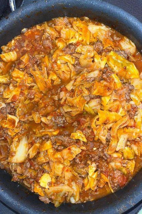 Ground Beef, Cabbage, and Marinara Baby Cabbage Recipe, Cabbage And Hamburger, Cabbage Spaghetti, Hamburger Cabbage, Skillet Suppers, Ground Beef Cabbage, Sausage Marinara, Ground Beef And Cabbage, Beef Cabbage