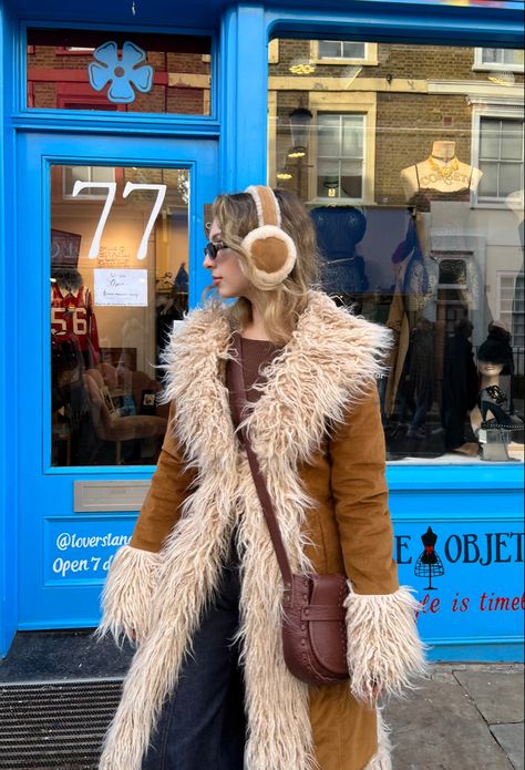 Styling Penny Lane Coat, Faux Fur Trim Coat Outfit, Fur Lined Coat Outfit, Penny Lane Coat Outfit, Afghan Coat Outfit, Brown Long Coat Outfit, Jean Vest Outfit, 80s Winter Fashion, Afghan Jacket