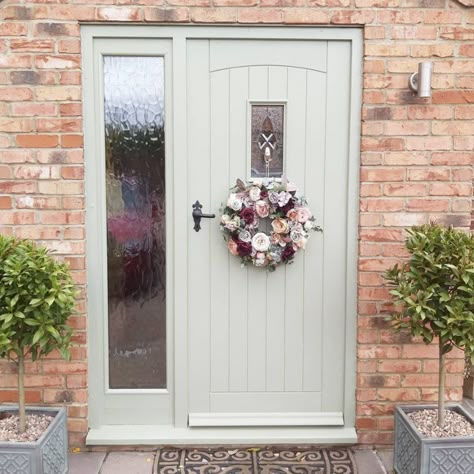 Front Door Ideas Green, Bungalow Front Door Colors, Cream House Green Door, Cottage Front Door Colors, Sage Green Garage Door, Front Door Sage Green, Cream Composite Front Door, Dulux Front Door Colours, Light Green Front Door