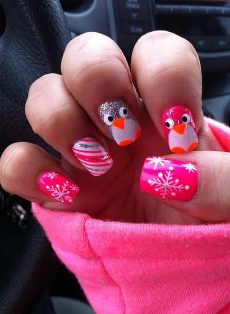 Holiday penguin nails in hot pink Pink Penguin Nails, Hot Pink Holiday Nails, Hot Pink Christmas Nails, Penguin Nail Art, Penguin Nails, Toenail Art Designs, Christmas Nail Stickers, Holiday Nails Winter, Fall Gel Nails