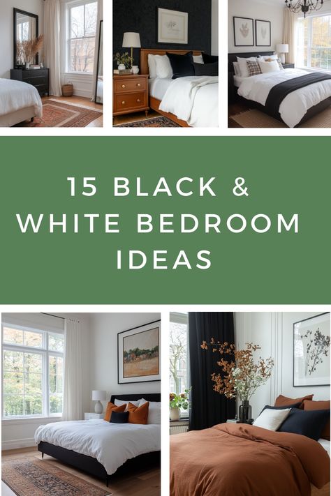 Get some elegant inspo for black and white bedrooms with these 15 ideas. Black And White Bedroom Comforters, Small Bedroom Decor Black And White, Black And White Bedroom Accessories, Black And White Guest Room Ideas, Black Wall White Bed, Black And White Neutral Bedroom, Black Bed Bedding Ideas, Black And White Master Bedrooms Decor, Black Furniture White Walls