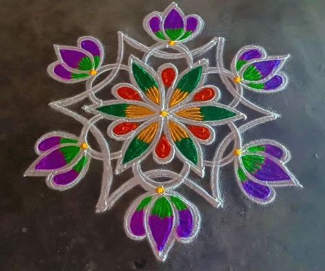 Colour Kolam Design, Sankranti Muggulu Rangoli Designs, Rangoli Designs With Colors, Rangoli Peacock, Margali Kolam, Sankranti Muggulu, Color Rangoli, Margazhi Kolam, Small Kolam