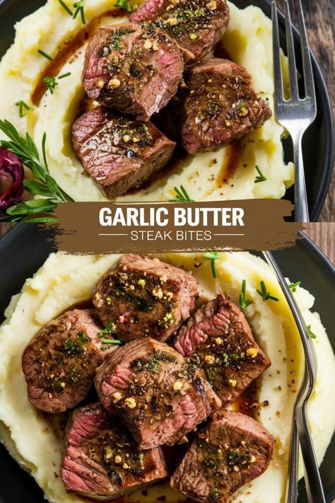 Garlic butter steak bites on mashed potatoes with herbs, served on a dark plate. Recipes With Steak Pieces, Steak And Grits, Steak And Mashed Potatoes Recipe, Winter Steak Recipes, Gourmet Dinner Party, Garlic Butter Steak Marinade, Hanging Tender Steak Recipes, Slow Cooker Garlic Butter Steak Bites, Garlic Butter For Steak