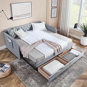 Antetek 80.5" Daybed with Drawer, Modern Button Tufted Linen Day Bed with Trundle Bed Twin to King, Upholstered Daybed Frame w/Storage Pocket for Bedroom, Living Room, No Box Spring Needed, Grey Queen Size Daybed Frame, Guest Room Playroom Combo, Nursery And Guest Room, Queen Size Daybed, Bedding Decor Ideas, Queen Daybed, Day Bed Frame, Minimal Room, Daybed Frame