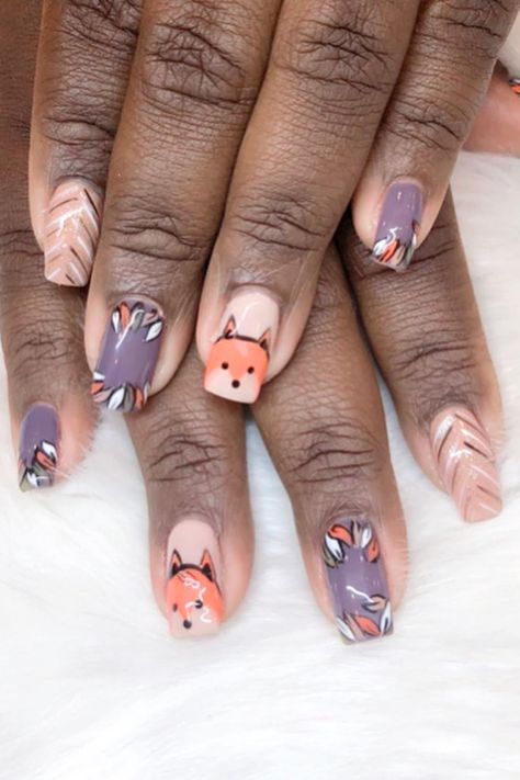 Fox and Feathers Thanksgiving Nail Art Design - 2023 Thanksgiving Nail Art Designs: November Nail Ideas You'll Love! Fox Nails Designs, Thanksgiving Nail Art Designs, November Nail Ideas, Feather Nail Designs, 2023 Thanksgiving, November Nail, Feather Nail, Nail Tech School, Fall Thanksgiving Nails