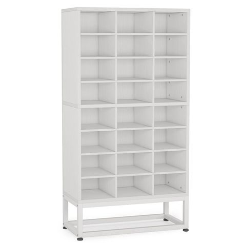 Featuring with 24 cubbies, this shoes cabinet provides sufficient storage space for your various shoes, like slippers, high heels, sneakers, boots, and etc. The bottom space is ample enough to store shoes or other items as well. The top surface offers space for your photo frame, vase, bags or other items. The partition shelves are removable freely for different shoe storage needs. You can remove any partition board to fit your higher boots storage. The sturdy steel base ensures stability and stu Show Storage Ideas Small Spaces, Wall Shoe Storage Ideas, Shoe And Bag Rack Ideas, Bookshelf For Shoes, Show Organizer Storage Ideas, Closet Shoe Storage Ideas, Partition Shelves, Shoe Closet Organization, Shoe Shelving