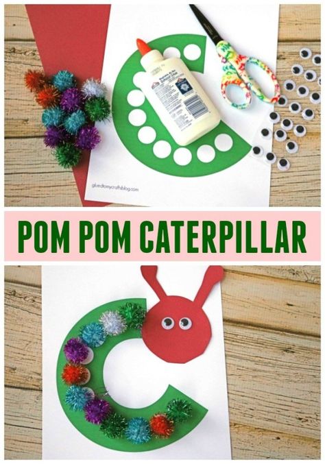 C is for Caterpillar – Free Printable Kid Craft - Pom Pom Caterpillar Kids Craft Art Project Tutorial - Hungry Hungry Caterpillar Book - Eric Carle Book Inspired Craft C Is For Caterpillar, Caterpillar Craft, Spring Art Projects, Paper Pom Pom, Art Projects For Kids, Diy Pom Pom, Printables Free Kids, Art Therapy Activities, Kid Craft