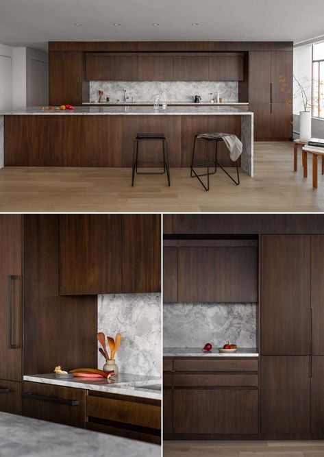 Oak Marble Kitchen, Dark Wood And Marble Kitchen, Stained Oak Cabinets, Honed Marble Countertops, Dark Oak Kitchen, Kitchen Dark Wood, Oak Wood Kitchen, Dark Brown Kitchen Cabinets, Walnut Wood Kitchen