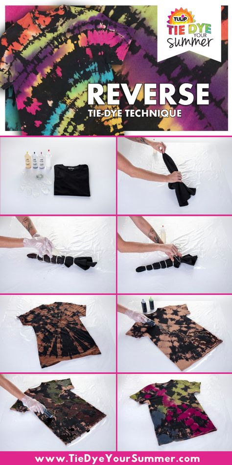 Learn how to tie-dye dark shirts with this reverse tie-dye technique!  #BleachTieDye #ReverseTieDye #TieDye #TieDyeTechnique #TulipTieDye #TieDyeYourSummer Tie Dye Folding Techniques, Tulip Tie Dye, Tie Dye Shirts Patterns, Diy Tie Dye Techniques, Diy Tie Dye Designs, Tie Dye Patterns Diy, Diy Tie Dye Shirts, Tie Dye Party, Tie Dye Crafts