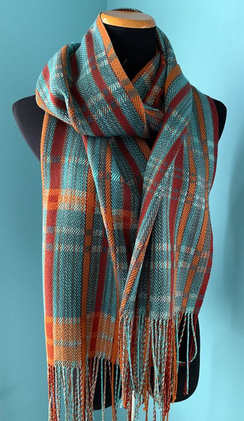 Rigid Heddle Weaving Projects, Painted Warp, Rigid Heddle Weaving Patterns, Handmade Wool Scarf, Weaving Scarfs, Shades Of Aqua, Hand Dyed Silk Scarf, Handwoven Shawls, Weaving Loom Projects