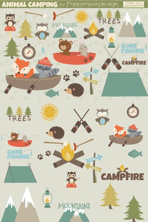 #affiliate A cute animal camping clipart pack, using a fun nature color palette. With cute animals camping or fishing, tent, trees, mountains and more. Perfect for party invites, scrapbooking, greetings cards and all your camping themed crafting. This pack includes 24 clipart elements.  #DIY #GraphicDesign #Crafts #Clipart #Camping #Animals #Nature #Party #Decor #Invites #Scrapbooking Camping Animals, Camping Graphic, Camping Clipart, Nature Party, Nature Color Palette, Party Invites, Gone Fishing, Greetings Cards, Animal Illustration