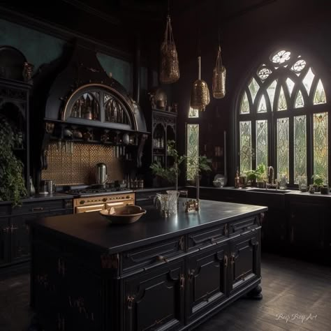 Goth Exterior Home, Dark Gothic House Aesthetic, Gothic House Kitchen, Gothic Kitchen Aesthetic, Goth Cottage Core Home Decor, Goth House Exterior, Victorian Goth House, Gothic Style Kitchen, Modern Gothic Kitchen