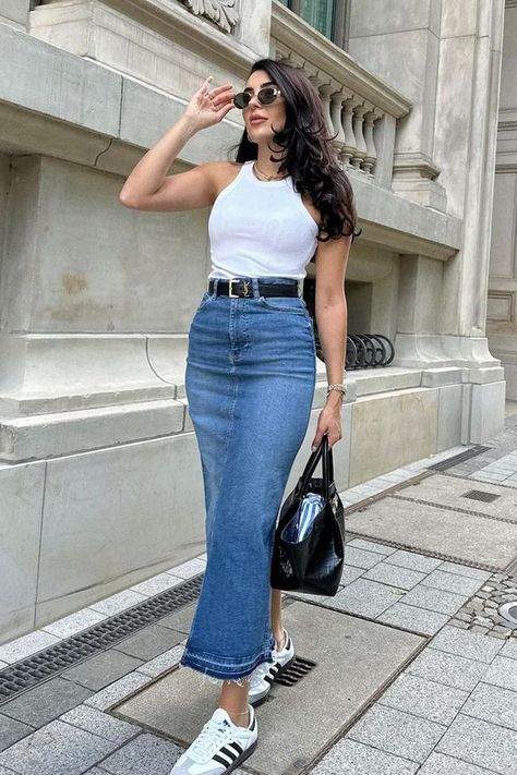 Denim long skirt outfit