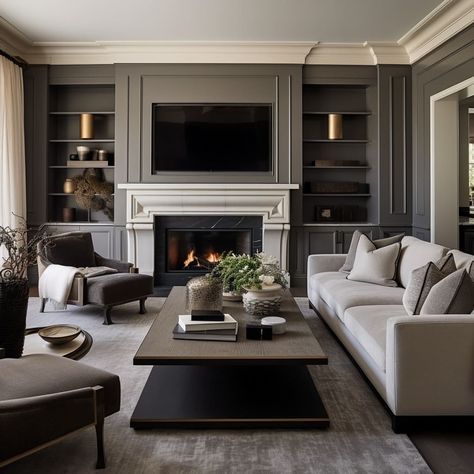 Tv Room With Fireplace, Classic Contemporary Living Room, Classic Contemporary Interior Design, Transitional Interior Design, Scandinavian Design Living Room, Modern Classic Furniture, Patterned Rugs, Home Aesthetic, Living Room Decor Ideas