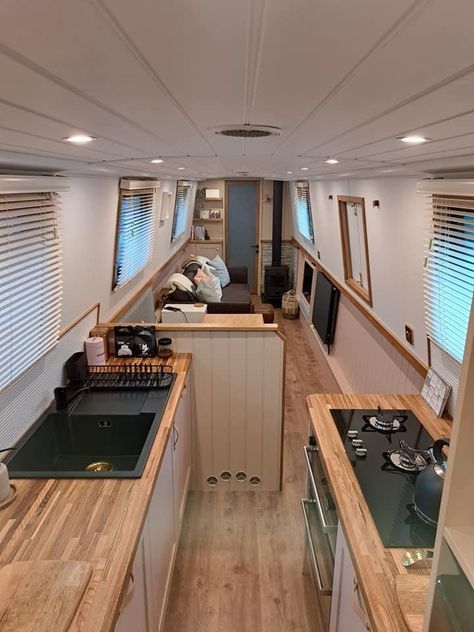 Narrowboat Kitchen, Barge Interior, Canal Boat Interior, Van Interiors, Barge Boat, Narrowboat Interiors, Canal Barge, Amazing Interior Design, Boat Living