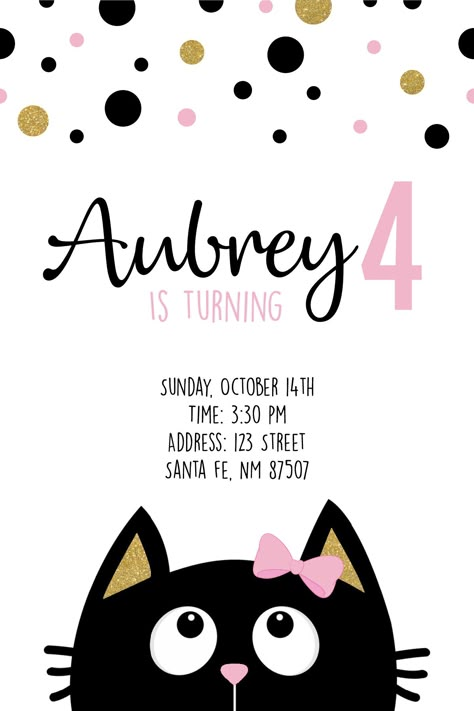 Kitty Cat Birthday Invitations, Black Cat Invitations, Cat Theme Invitations, Kitty Cat Birthday Party Invitations, Cat Party Invitations, Cat Invitations Birthday, Girls Cat Birthday Party, Cat Birthday Theme, Kitty Cat Birthday Party