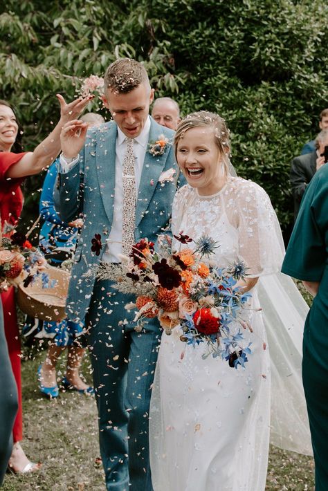 Just married confetti shot with bride in ASOS wedding dress and holding vibrant colourful bouquet. D&J Photography Colourful Wedding Photography, Groom Colours, Asos Wedding Dress, Summer Bridesmaid Dresses, Summer Garden Wedding, Late Summer Weddings, Wedding Bouquets Bride, Wedding Court, Candid Wedding Photos