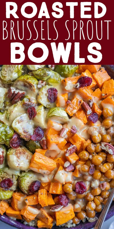 These Roasted Brussels Sprout Bowls with Creamy Honey Mustard are hearty, cozy and filling!  They're packed with veggies and protein and perfect for dinner or a healthy meal prep lunch.  Serve with quinoa, or another grain of choice, and top with crispy toasted pecans and dried cranberries. #buddahbowlrecipe #veganfood #vegetarian #mealprep #healthydinner Tofu And Brussel Sprouts, Vegan Recipes With Brussel Sprouts, Brussel Sprout Rice Bowl, High Protein Brussel Sprouts, Sweet Potato Brussel Sprout Bowl, Brussel Sprout Bowl, Vegetarian Mealprep, Healthy Meal Prep Lunch, Budha Bowls