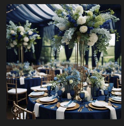 Navy Blue And Gold Wedding Table Setting, Navy Chair Covers Wedding, Blue Gold Wedding Centerpiece, Navy Blue White And Silver Wedding Theme, Blue Black White Wedding Theme, Blue Navy Wedding Theme, Navy Ball Decorations, Navy Blue Gold White Wedding, Sapphire Party Theme