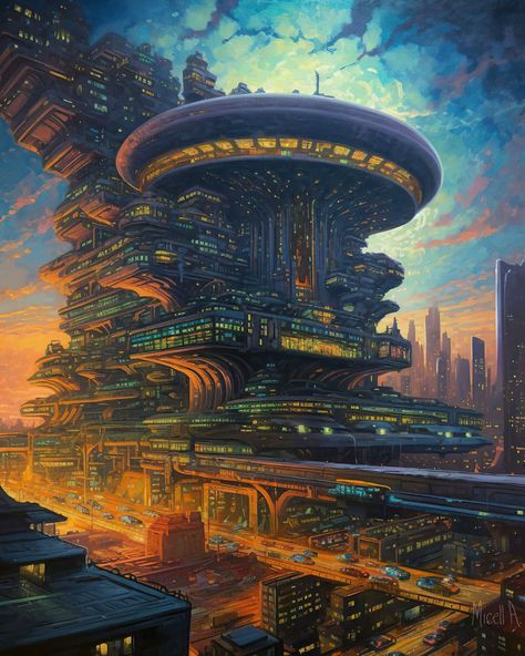 Fantasy Metropolis, Organic Interiors, Retro Scifi, Fantasy Architecture, Scifi Art, 70s Sci Fi Art, Sci Fi City, City Scape, Punk Art