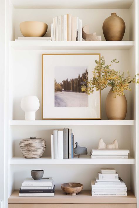 Decorating a large blank wall doesn't have to be overwhelming. These design ideas will help you add style and character to any boring wall! Wide Bookshelf Decor, Shelf Decor With Books, Minimalist Shelf Decor, How To Decorate Bookshelves, Built In Shelf Decor, Decorate Bookshelves, Style A Bookcase, Shelf Styling Ideas, Bookshelf Styling Living Room