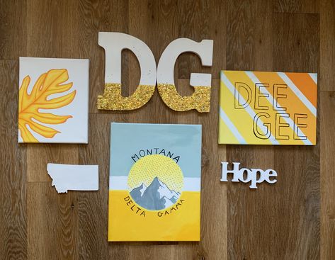 Delta Canvas Painting, Sorority Canvas Paintings Dg, Yellow Sorority Canvas, Delta Gamma Letters Painted, Delta Gamma Canvas, Delta Gamma Crafts, Delta Gamma Print, Paddle Sorority Big, Sorority Coolers