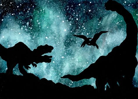 Galaxy Dinosaur Tattoo, Dinosaur Window Painting, Dinosaur Painting Ideas, Dinosaur Painting Acrylic, Dino Terrarium, Drawing Reptiles, Dinosaurs Crafts, Dino Painting, Watercolour Dinosaur