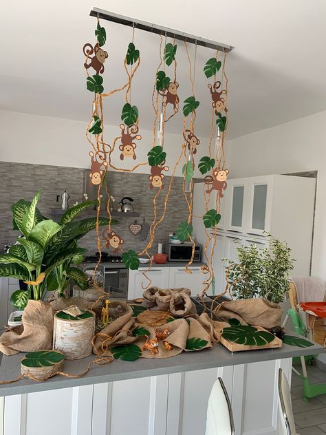 1st Bday Jungle Theme, Safari Garland Jungle Theme, Jungle Party Table Set Up, Safari Birthday Diy Decorations, Safari Theme Table Runner, Safari Table Centerpieces Jungle Party, Jungle Theme Table Decorations, George Of The Jungle Birthday Party, African Safari Birthday Party