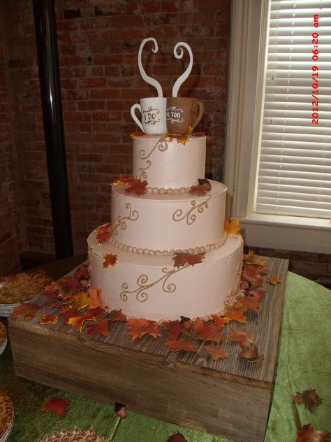 Fall themed wedding cake. Gumpaste fall leaves and  "I Do" and "Me Too" coffee mug cake topper made out of rice crispy and gumpaste. Coffee Wedding Cake, Coffee Mug Cake, Fall Themed Wedding Cakes, Diy Fall Wedding Decorations, Wedding Reception Candles, Coffe Mug Cake, Fall Wedding Color Schemes, Square Wedding Cakes, Diy Wedding Cake