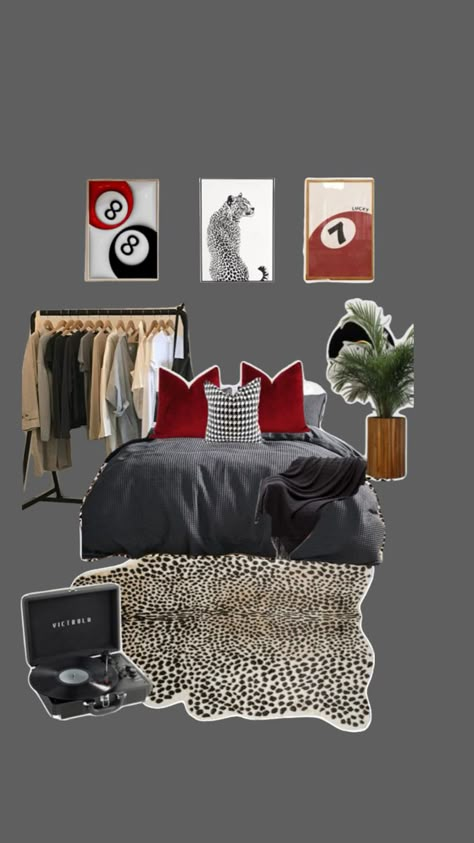 Leopard print room with red and black Dark Dorm Room Aesthetic, Leopard Print Room, Leopard Print Bedroom, Leopard Room, Red Dorm, Red And Leopard, College Dorm Room Decor, Bedroom Red, Red Rooms