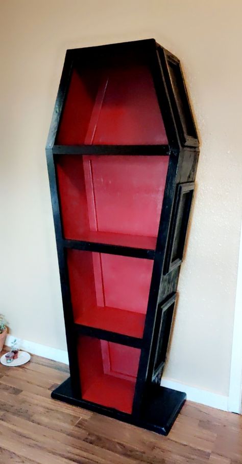 Goth Shoe Rack, Coffin Shaped Bookshelf, Coffin Cabinet, Coffin Furniture, Coffin Shelf Diy Plans, Gothic Bookshelf, Victorian Bookshelf, Coffin Bookcase, Gothic Bookshelves