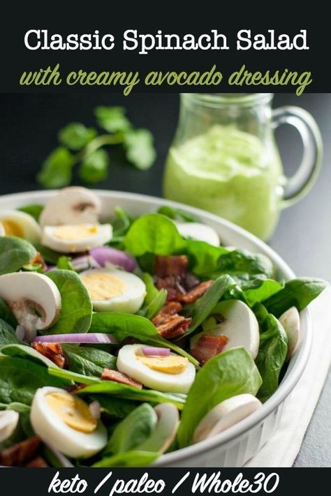 Love spinach salad but hate the high-fat buttermilk dressing? Try this updated paleo spinach salad with creamy dairy-free avocado dressing. So good! #paleo #whole30 #keto #nomayo #avocadocream #lowcarb #spinachsalad Avocado Dressing Recipe, Creamy Avocado Dressing, Avocado Salad Dressing, Buttermilk Dressing, Spinach Salad Recipes, Paleo Salads, Whole30 Keto, Avocado Dressing, Low Carb Salad