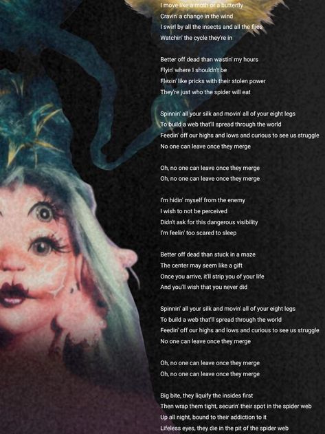 𝔏𝔶𝔱𝔦𝔠𝔡 𝔱𝔬 "𝕾𝖕𝖎𝖉𝖊𝖗 𝖂𝖊𝖇" Melanie Martinez Portals Lyrics, Portals Lyrics, Melanie Martinez Lyrics, Melanie Martinez Songs, Melanie Martinez Photography, Better Off Dead, Manic Pixie Dream Girl, Print Outs, After Life